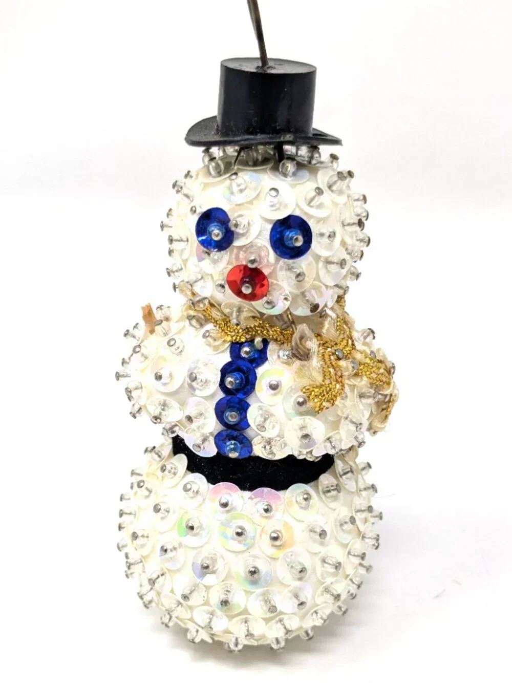 Vintage Handmade Push Pin Ornaments Bead Sequin White Set 3 Snowman Bell Star